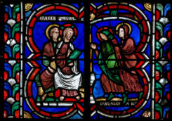 Baie 0: Le Christ avec un apôtre et 2 femmes nimbées sous un portique