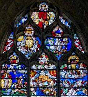 Le fils de l'Homme avec l'épée entre les dents et saint-Jean à genoux - Saint Michel - La femme qui va enfanter et le dragon à 7 têtes - La chute des étoiles - Les cavaliers sur des lions 