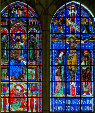 Baie 100: Le Christ trônant avec le Livre et la croix de Résurrection - Saint Jean et Saint Mathieu et 10 chandeliers - L'évêque Henri de Villeneuve - Le Christ en croix entre la Vierge et Saint Jean 