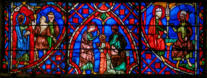 Baie 8: Saint Martin encore jeune diacre délivre un possédé - Il bénit sa mère convertie - Le saint évêque conversant avec Saint Paulin de Nole (?)