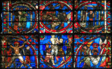 Baie 24: 2 autres scènes du martyre de Saint Vincent - 2 anges emportent son âme - Translation des reliques des autres martyrs de la Puisaye vers l'abbatiale de Coucy - Un élément de la vie de Saint Vincent