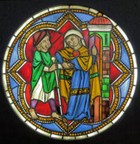 L'hospitalité: vitrail de la cathédrale de Fribourg-en-Brisgau  (1250) en copie réalisée par Fritz Geigers (1853-1935)