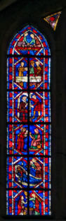 Baie 106: Vitrail de la Genèse, de saint Jean-Baptiste et de saint Nicolas