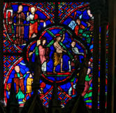 Baie 0 ( Verrière typologique de la Passion): Portement de croix - Isaac porte le bois de son sacrifice - Sacrifice d'Abraham - Esaü - Meurtre d'Abel