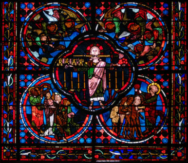 Le Christ de la Transfiguration (7 sceaux, 7 étoiles et 7 chandeliers), avec 6 apôtres et la Vierge, Saint Paul qui baptise et les 7 anges des Églises