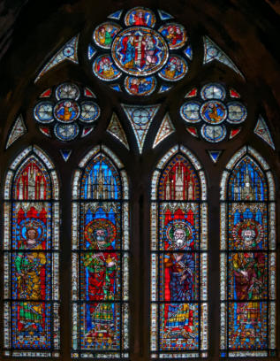 Baie 11: Philippe de Souabe - Henri de Bamberg - Henri II - Frédéric Ier Barberousse - Au tympan sainte Femme diffusant la nouvelle de la Résurrection