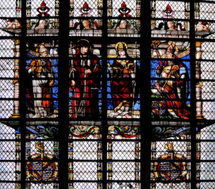 Baie 217: Les docteurs de l'Eglise (Saints Ambroise, Jérôme, Grégoire et Augustin) avec le donateur, l'évêque de Troyes Odard Hennequin