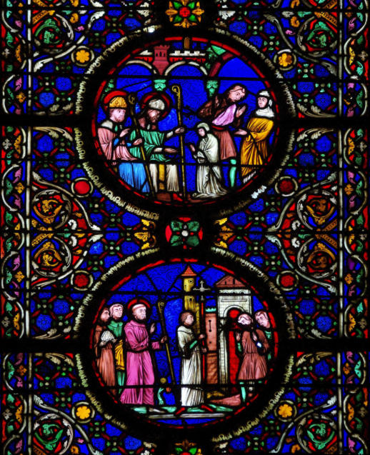 Saint Loup fait son entrée à Troyes  et Sainte Geneviève à genoux devant saint Loup et saint Germain