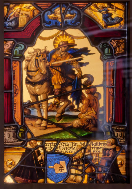 Saint Martin partageant son manteau et, dans les angles supérieurs, l'Annonciation