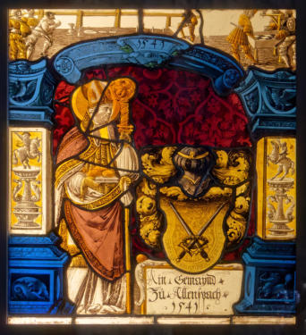 Saint Nicolas de Myre et, en haut, des lansquenets jouant