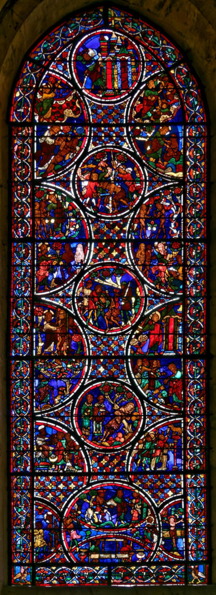 Baie 13 Parabole du Bon Samaritain: au centre le Christ samaritain dont on attend le retour, sur les côtés l'Ancien Testament