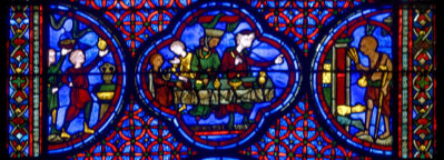 Les serviteurs apportent les plats - Le riche prend son repas et ordonne au pauvre de s'en aller - Le pauvre Lazare devant la porte avec les chiens qui lui lèchent les plaies