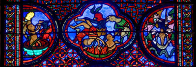 De l'enfer, le riche voit lazare et le supplie en vain de lui donner à boire - Le riche est jeté en enfer par un diable et un autre diable lui verse du métal fondu dans la bouche - La pauvre est emmené au ciel par des anges